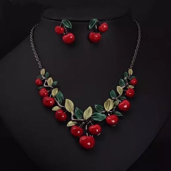 Enamel Cherries and Leaves Necklace Set - Picture 1 of 13